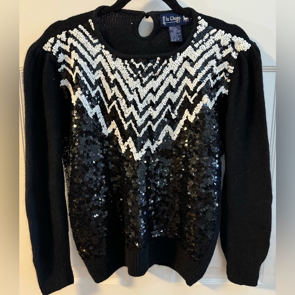 VTG Le Chois Sequin Sweater Womens LG Black Silk Mohair Blend Abstract Retro 90s - Picture 1 of 11